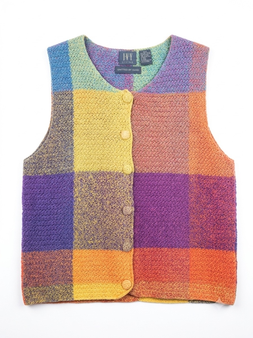 Vintage | Ivy Living Hand-Knit Ramie / Cotton Blend Multicolor Checkerboard Vest